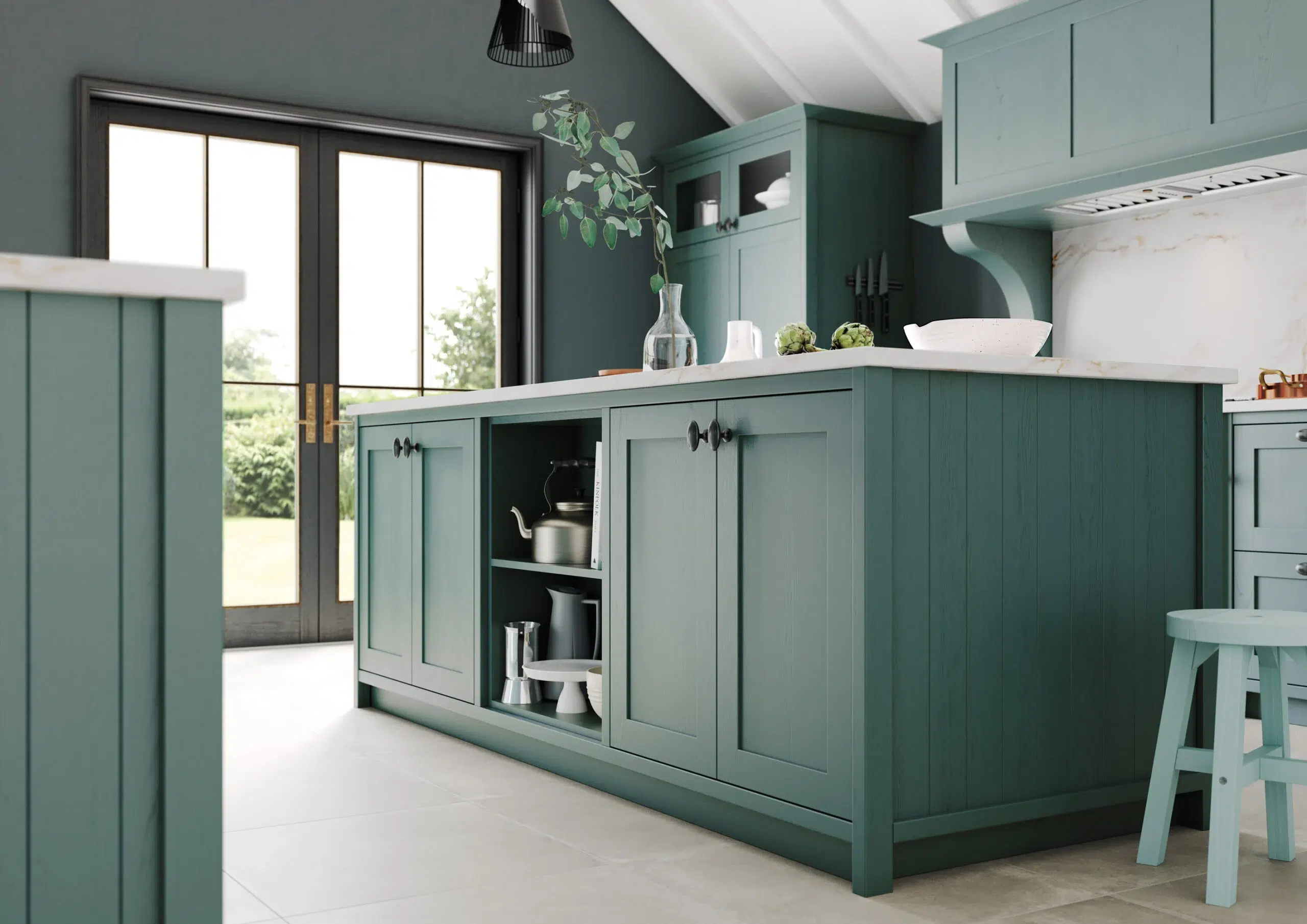 Viridian green kitchen cabinet detail
