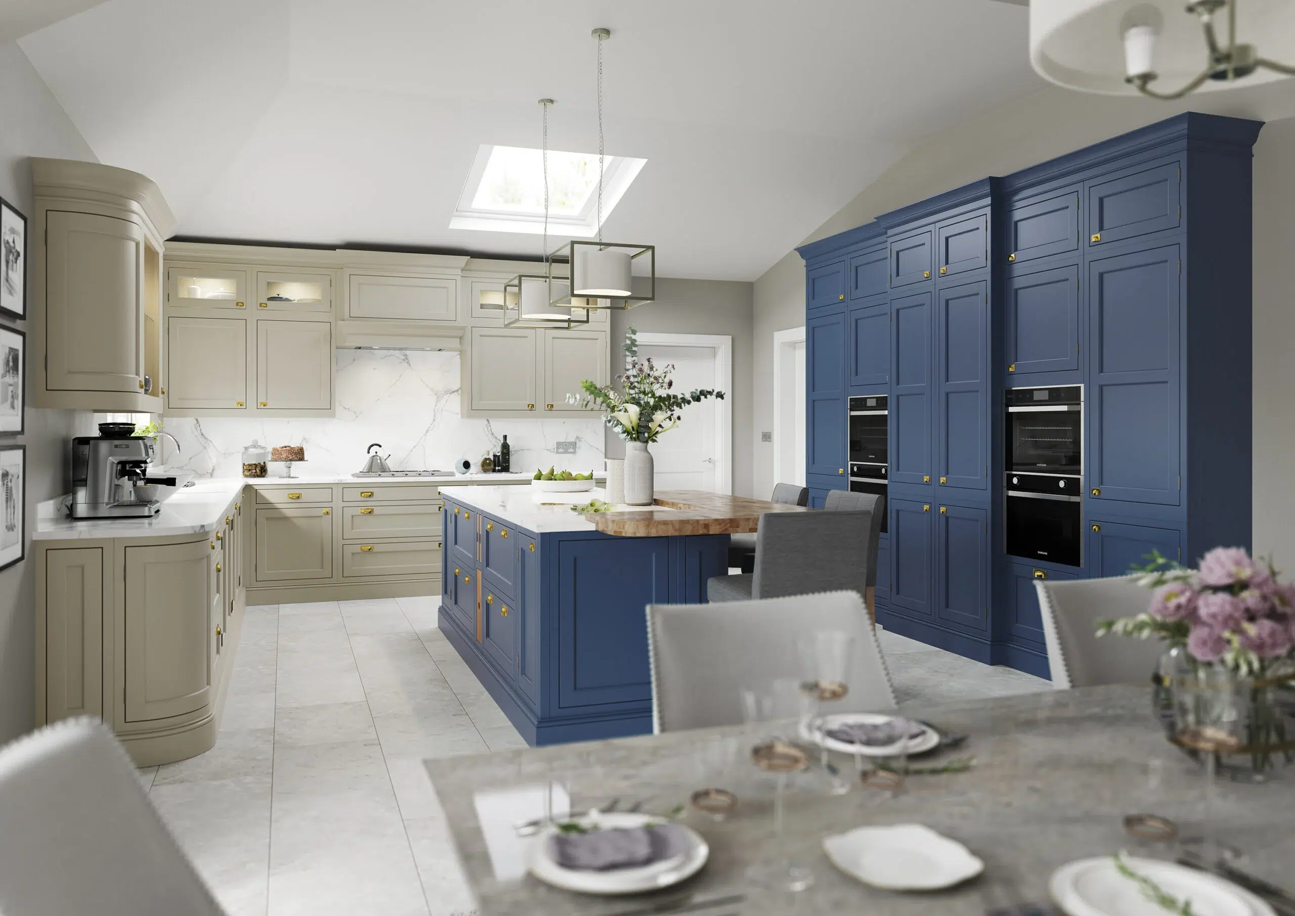 Belgravia in-frame shaker kitchen in Avanti blue and porcelain