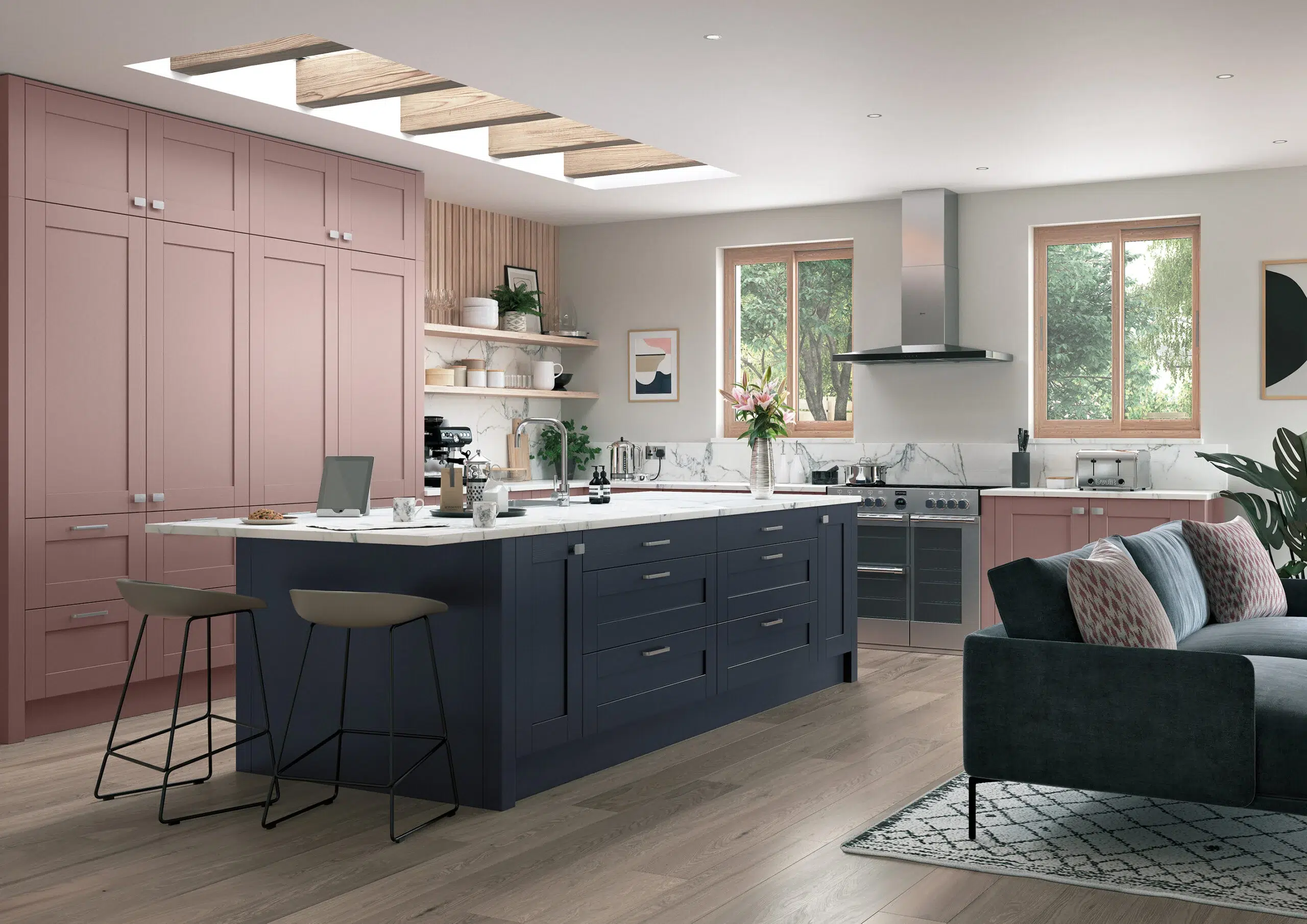 Madison painted shaker kitchen in dry rose and Hartforth blue