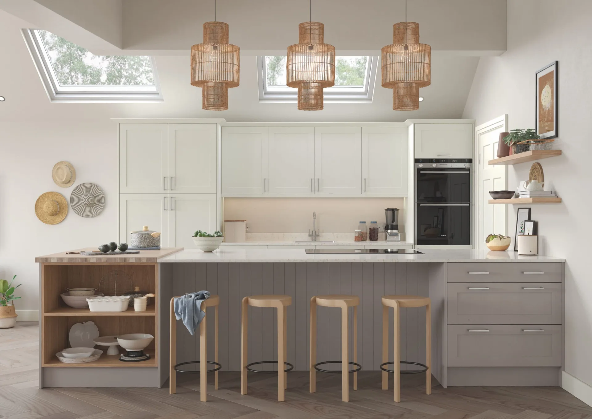 Wide view of a porcelain and cashmere shaker kitchen in natural daylight