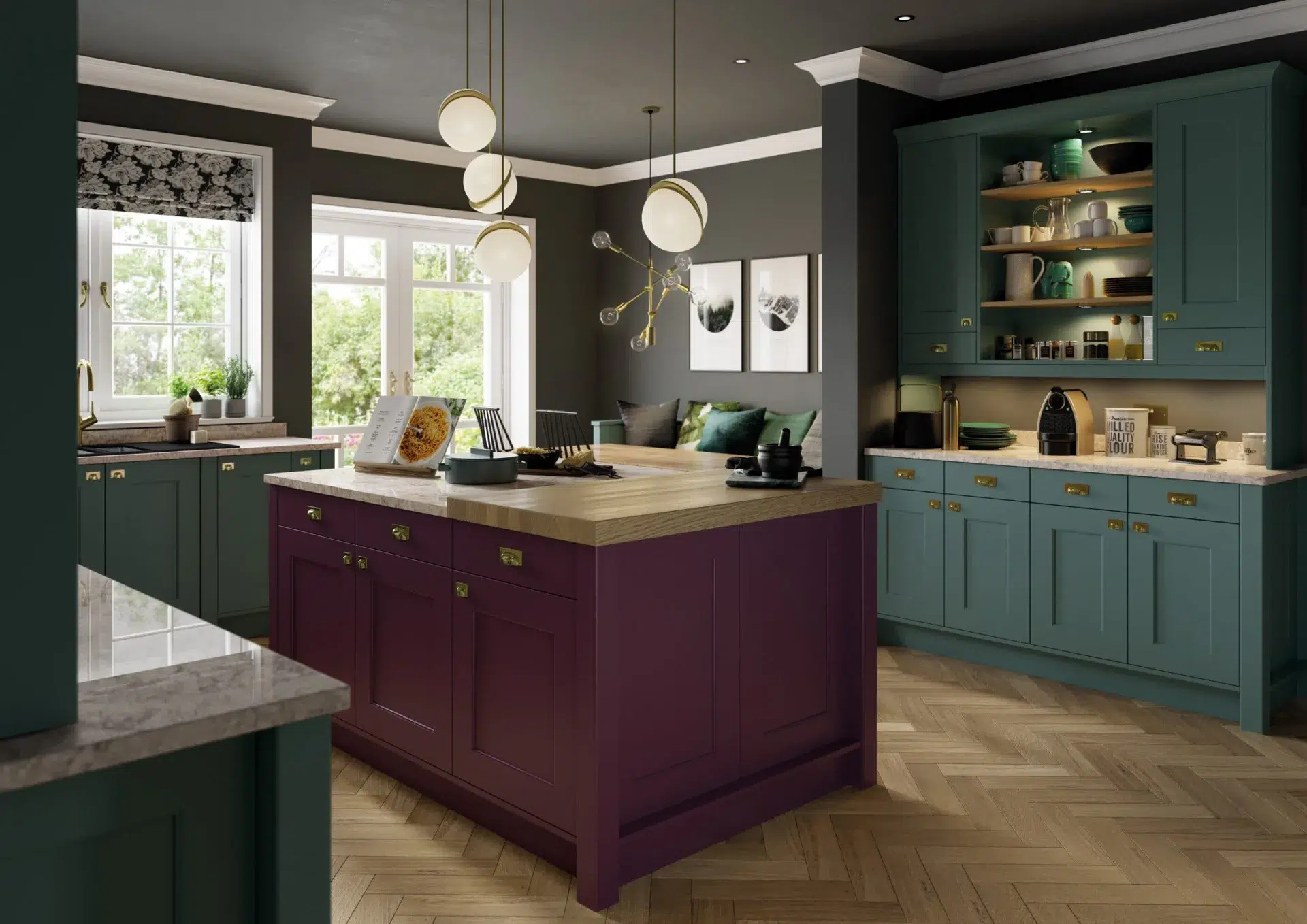 Deep heather painted cabinetry made in our factory
