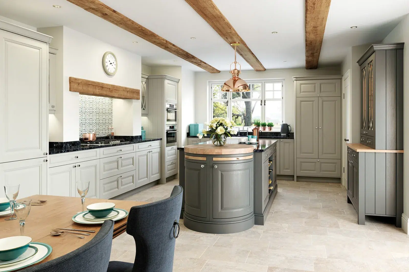 Grey shaker kitchen with curved oak-topped island and exposed ceiling beams