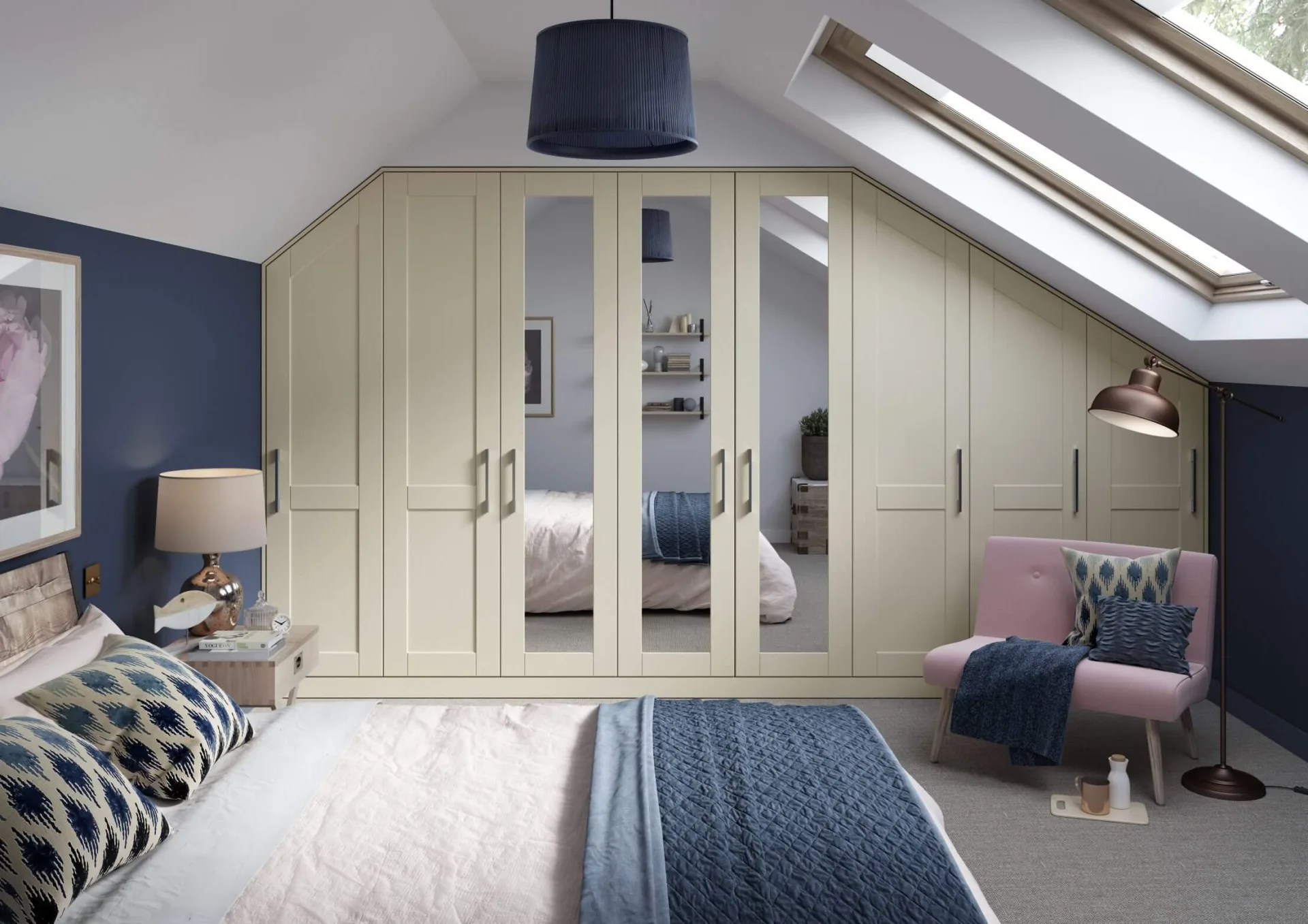 Fitted bedroom wardrobes in a light ash finish with soft morning light