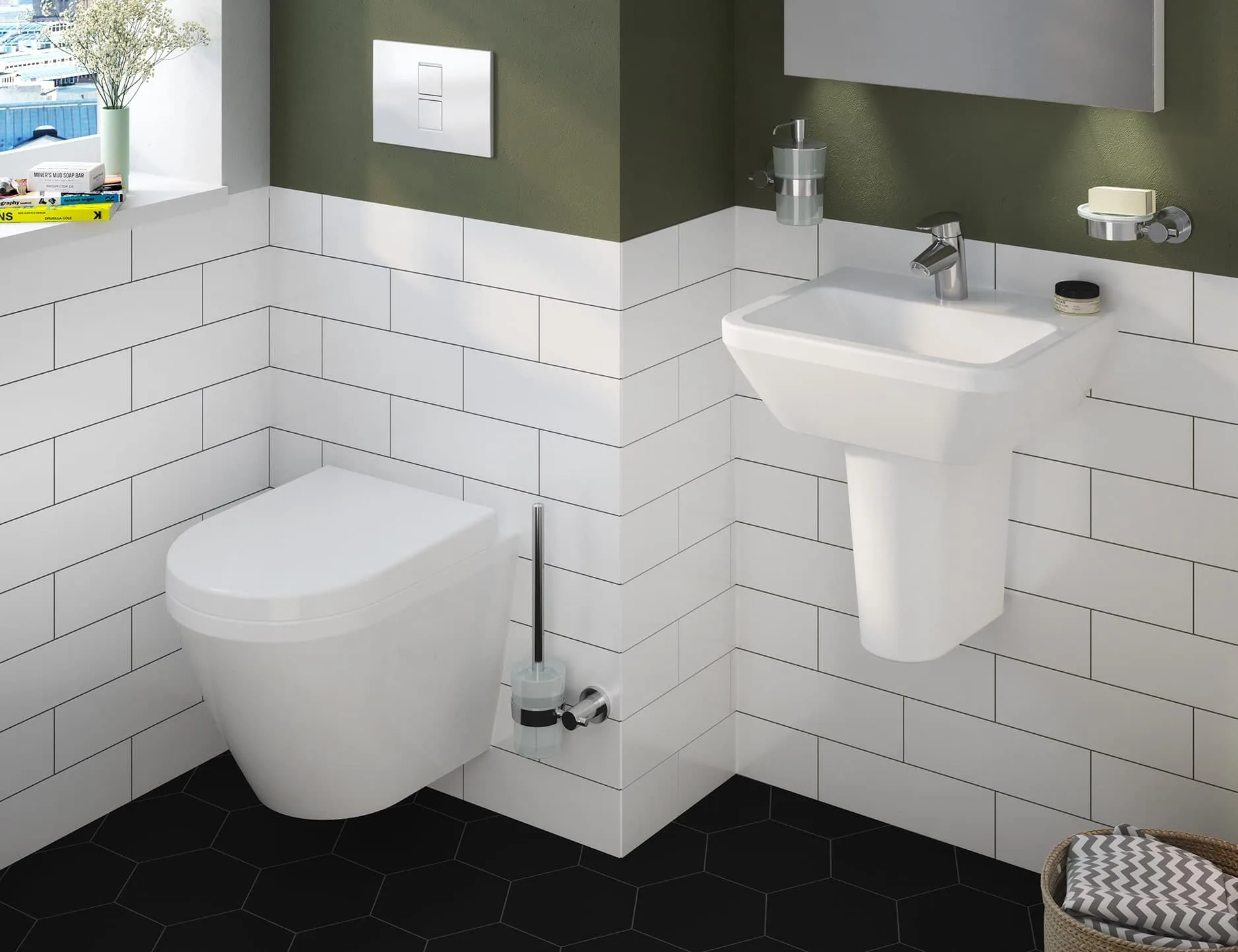 Modern fitted bathroom with a clean white suite and warm wood accents